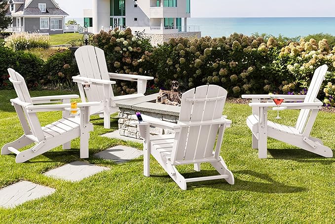 SERWALL Adirondack Chair with Cup Holders - Composite Adirondack Chairs HDPE Outdoor Chairs All Weather Use- White