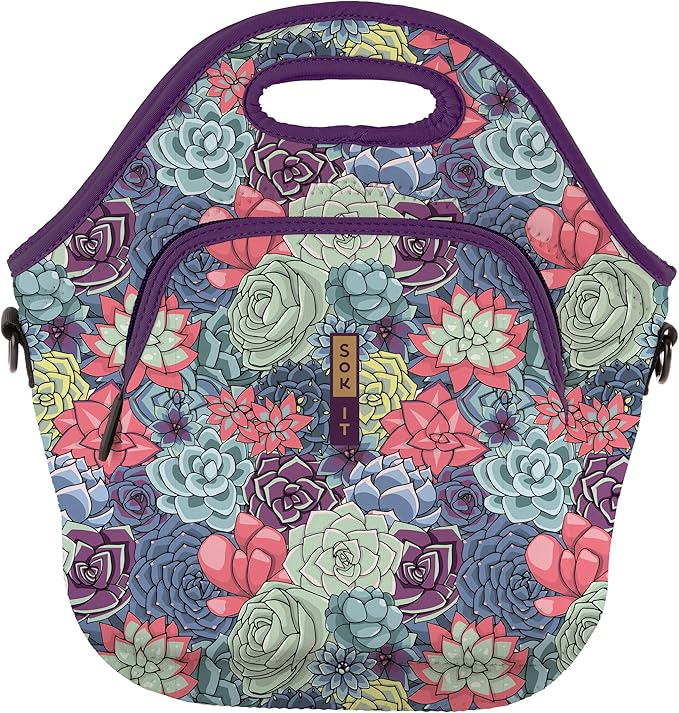 Sok It LunchTote Zippered Bag Insulated Neoprene Caddy (Succulents, X-Large 6.5 Quart Lunch Tote)