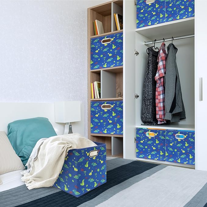 SIMPLE HOUSEWARE 13-Inch Collapsible Fabric Cube Storage Bin with Handles, Printed Design, 3 Pack, Blue