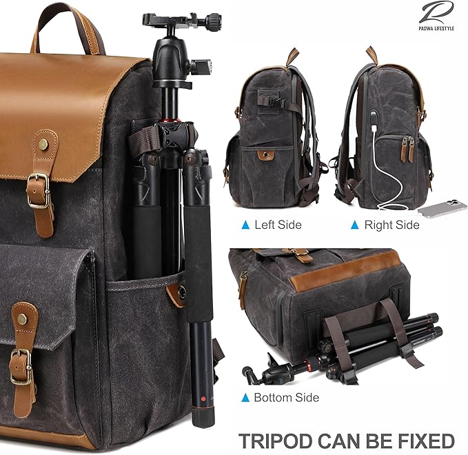 Padwa Lifestyle Black Gray Camera Backpack - Weather Resistant Waxed Memory Canvas Camera Backpacks for Photographers,Multi DSLR SLR Camera Bag with 16” Laptop & Lens Compartment and Tripod Holder