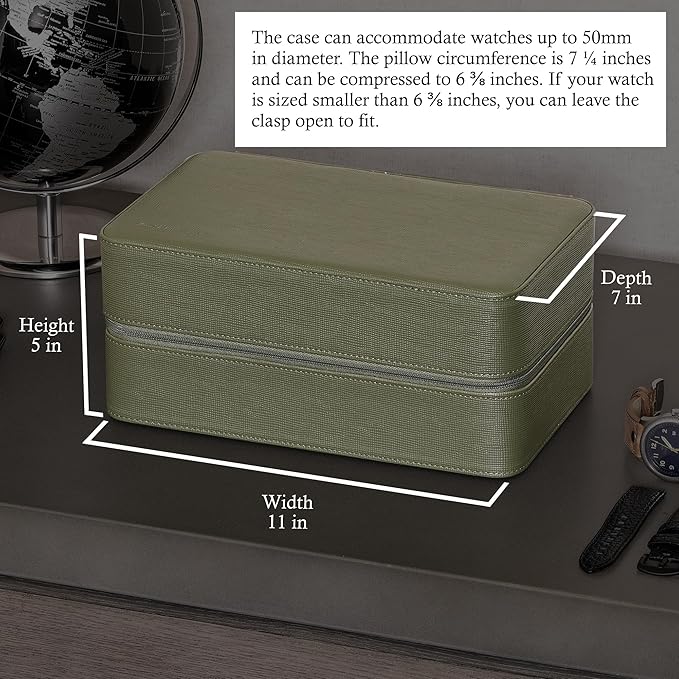 ROTHWELL 8 Watch Travel Case Storage Organizer for 8 Watches, Sunglasses, Rings & Cufflinks |Tough Portable Protection with Zipper Fits Most Wristwatches & Smart Watches Up to 50mm (Green/Tan)