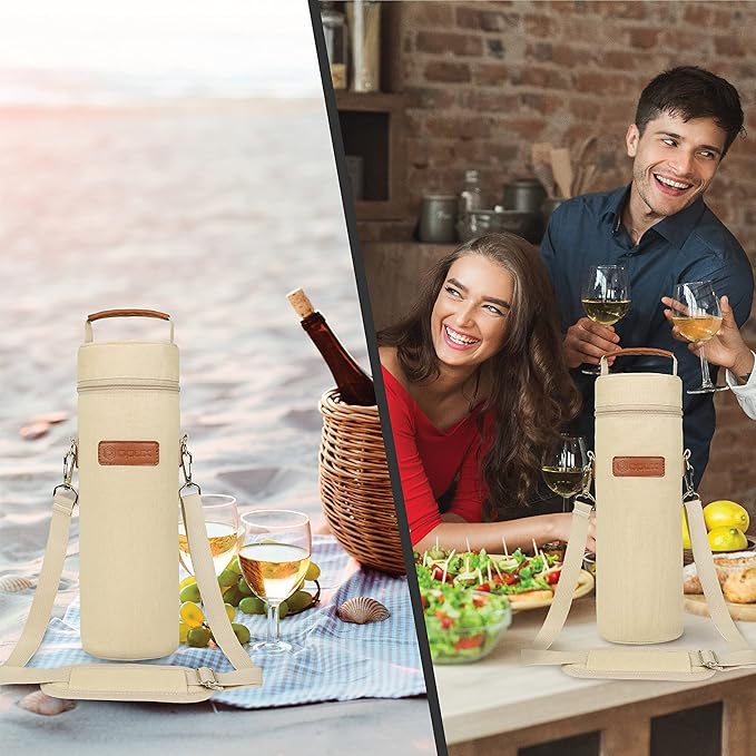 opux Wine Bag Single Bottle Carrier Tote, Insulated Wine Cooler Bag for Travel Picnic Beach with Shoulder Strap, Thermal One Bottle Holder Carrying Case Wine Gift for Women Men, Beige Cream