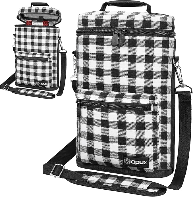 Opux 2 Bottle Wine Tote Carrier, Insulated Cooler Bag for Travel Picnic, Leakproof Padded Case, Wine Gifts for Women & Men, Plaid Buffalo White