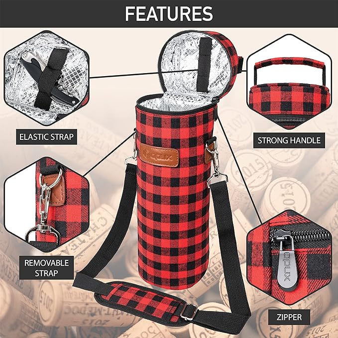 opux Wine Bag Single Bottle Carrier Tote, Insulated Wine Cooler Bag for Travel Picnic Beach with Shoulder Strap, Thermal One Bottle Holder Carrying Case Wine Gift for Women Men, Plaid Buffalo Red