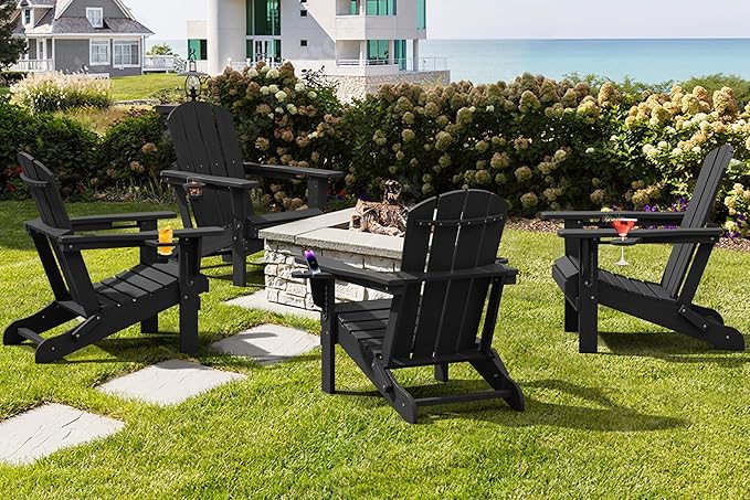 SERWALL HDPE Folding Adirondack Chair with Dual Cup Holder - Composite Adirondack Chair Set of 8- Black