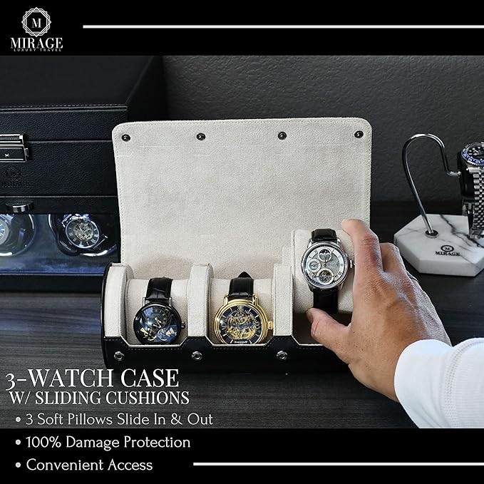 Watch Roll Cases for Men - Watch Travel Case - Storage and Display 3 slots - Jade Black/Ivory White interior Vegan Leather