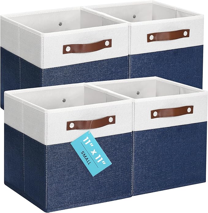 OrganiHaus 11x11 Fabric Cubes Storage Bins Set of 4, Foldable Collapsible Fabric Storage Bins for Organizer, Cubbies Organizer for Kallax, Linen Cube Shelf Baskets, Toy Organizing boxes - Navy Blue