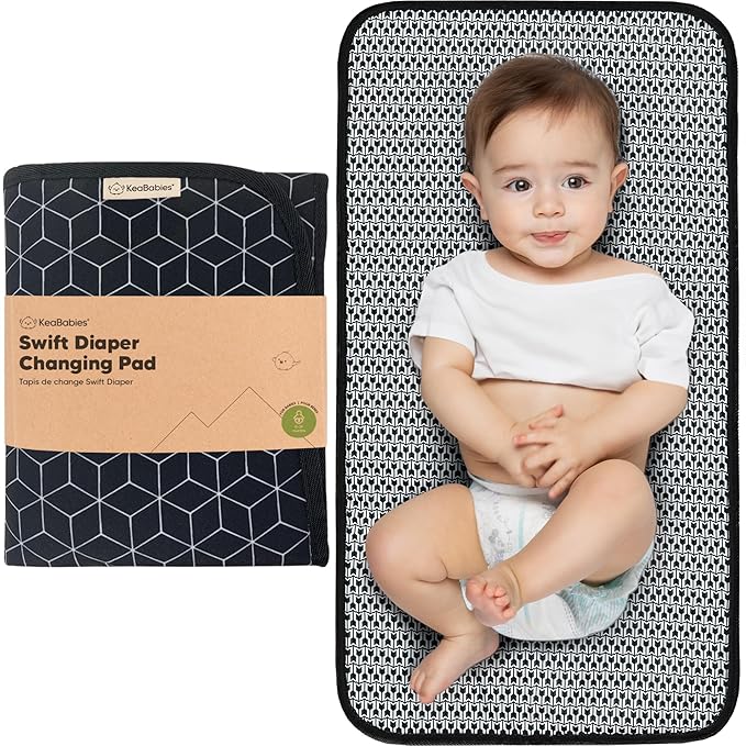 KeaBabies Portable Diaper Changing Pad, Easy Wipe Clean - Foldable Waterproof Baby Changing Mat for Diaper Bag, Compact, Lightweight, 25x13 Baby Changer Travel Essential, Machine Washable (Black Geo)