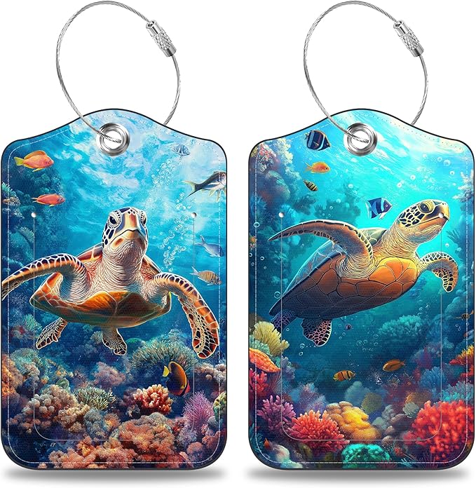 Sea Turtle Set of 2 Luggage Tags for Suitcases Leather Suitcase Tags Identifiers with Privacy Name Address Label and Stainless Steel Loop for Women Men Travel Luggage Accessories