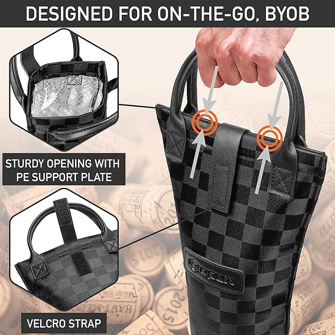 opux Wine Bag Single Bottle Carrier Tote, Insulated Travel Wine Cooler Bag for Picnic Beach Gift, Thermal Padded Portable One Bottle Holder Carrying Case for Women Men Wine Lovers, Black Square