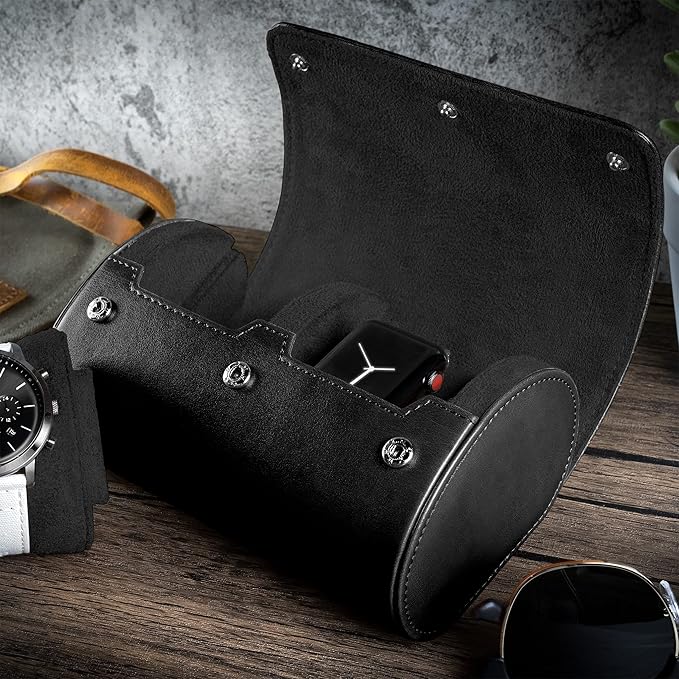 Barton Watch Bands BARTON Watch Roll - Black Recycled Leather Travel Case & Band Storage 2
