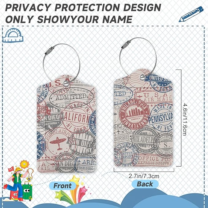 Set of 2 Luggage Tags for Suitcases, Leather Passport Travel Stamps Baggage Tags with Stainless Steel Loop, Privacy Name ID Card Cover Kawaii Travel Labels for Women Men Kids Girls