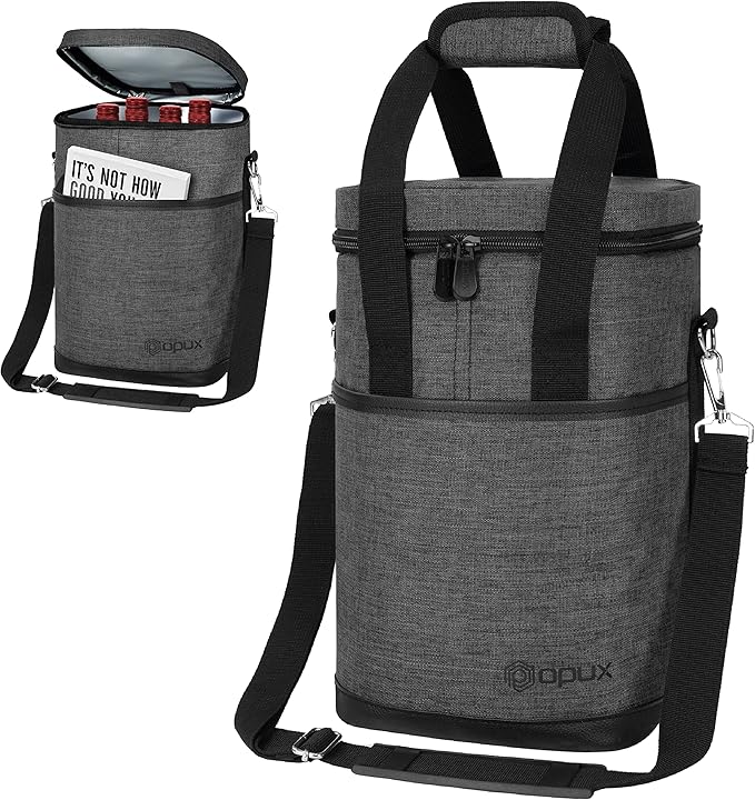 Opux Insulated Wine Tote, 4 Bottle Cooler Bag - Leakproof, Padded Portable Carrier for Travel, Picnic, BYOB - Gift for Wine Lovers (Charcoal Gray)
