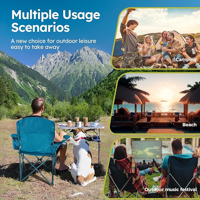 ALPHA CAMP Camping Chair 2 Pack Portable Chair with 3-Can Cooler Folding Chair with Side Pocket and Cup Holder, Collapsible for Camping, Tailgates, Beach, Fishing and Sports,2PC