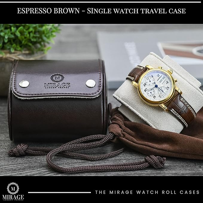 Brown/Ivory - 1 Watch Travel Case for Men - Single Watch Case Storage - Gift Idea Travel Accessory - Espresso Brown/Ivory - Mirage Watch Roll Cases Vegan Leather