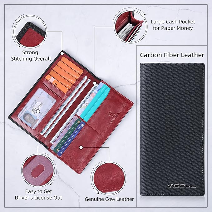 VISOUL Mens Leather Long Checkbook Bifold Wallets with RFID Blocking, Carbon Fiber Leather Tall Wallets for Men (Black+Burgundy)