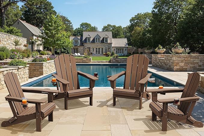 SERWALL Folding Adirondack Chair, Dual Cup Holders & All-Weather HDPE, Wood-Like Patio Chair for Backyard, Camping，Pool & Fire Pit- Brown