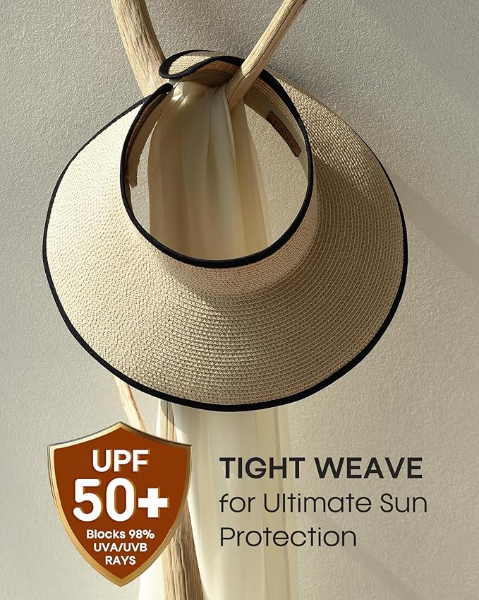 Womens Sun Visor Hats Wide Brim Straw Beach Hat UV Protection Ponytail Packable Beach Vacation Essentials