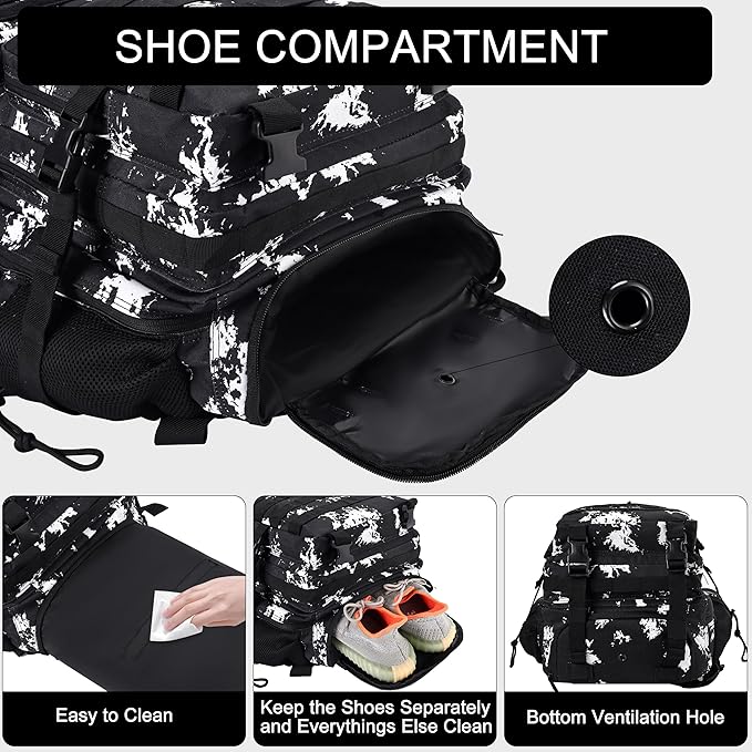 LHI Military Tactical Backpack for Men and Women 45L Army 3 Days Assault Pack Bag Large Rucksack with Shoe Compartment - Black Lightning