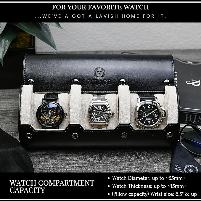 Watch Roll Cases for Men - Watch Travel Case - Storage and Display 3 slots - Jade Black/Ivory White interior Vegan Leather