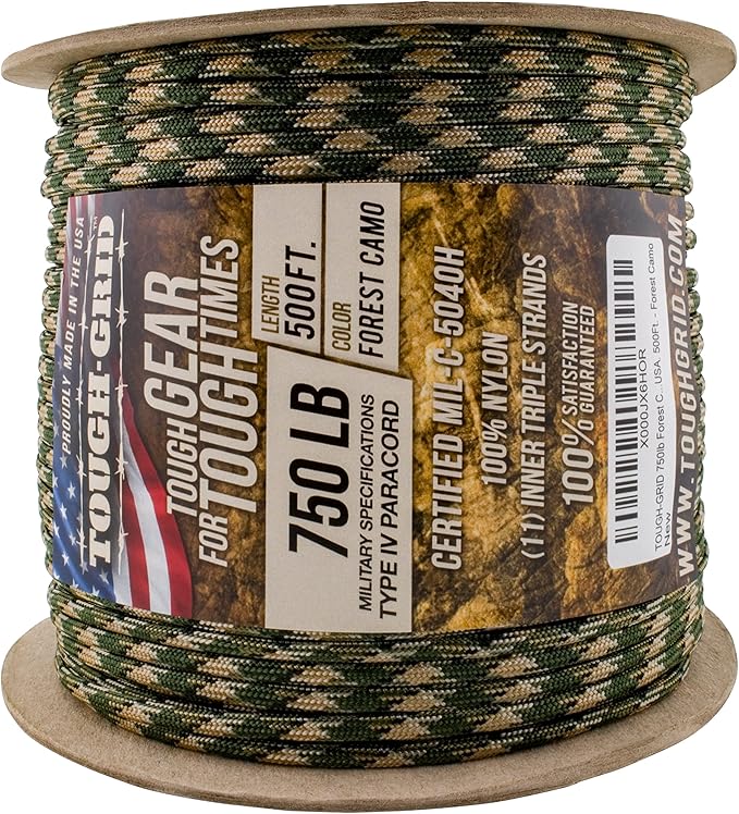 TOUGH-GRID 750 Paracord Rope Nylon Parachute Cord, Made in USA Survival Kit, Outdoor Adventures, Camping, Tactical Gear & Emergency Supplies, Military Type IV Mil-Spec