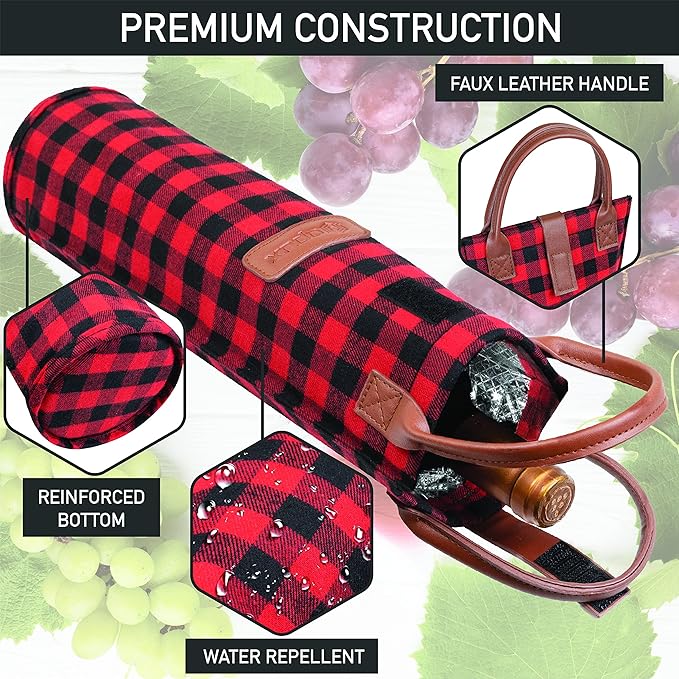 opux Wine Bag Single Bottle Carrier Tote, Insulated Travel Wine Cooler Bag for Picnic Beach Gift, Thermal Padded Portable One Bottle Holder Carrying Case for Women Men Wine Lovers, Plaid Buffalo Red