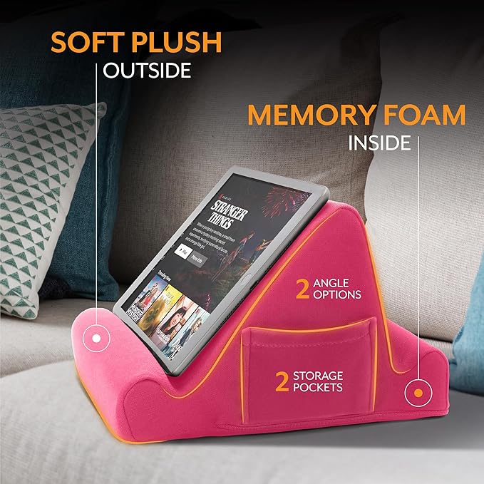 Brookstone, Memory Foam Lap Desk Tablet Holder, Holds Phones, iPads, E-Book Readers, 2 Viewing Angles, 2 Side Pockets for Accessories, Book Holder Cushion, Perfect Home, Car Travel, Flights, Pink