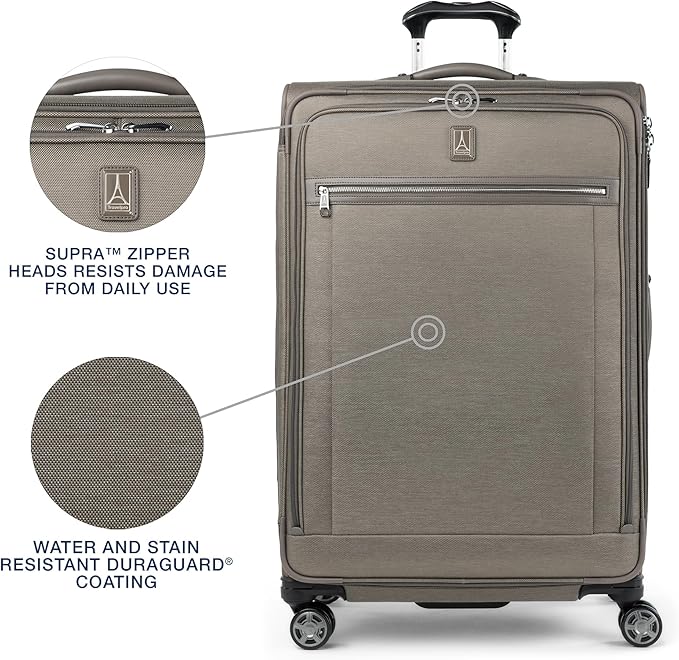 Travelpro Platinum Elite Softside Expandable Checked Luggage, 8 Wheel Spinner Large Suitcase, TSA Lock, Men and Women, Metallic Sand, Checked Large 29-Inch