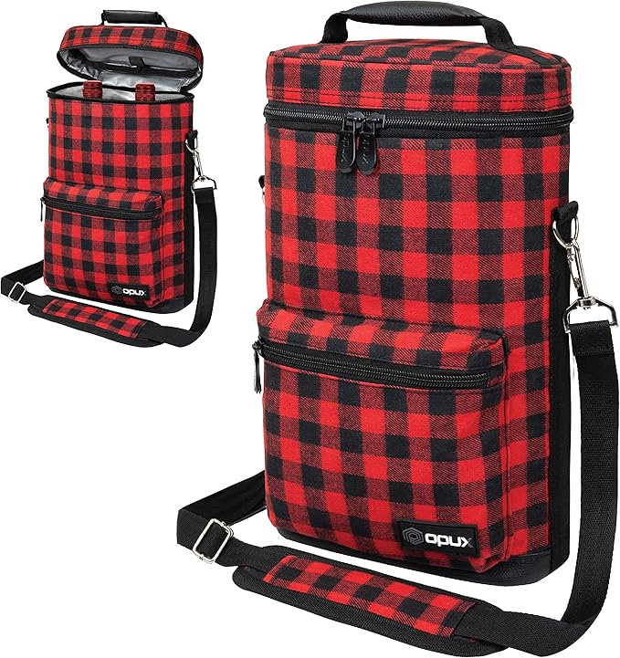 Opux 2 Bottle Wine Tote Carrier, Insulated Cooler Bag for Travel Picnic, Leakproof Padded Case, Wine Gifts for Women & Men, Plaid Buffalo Red