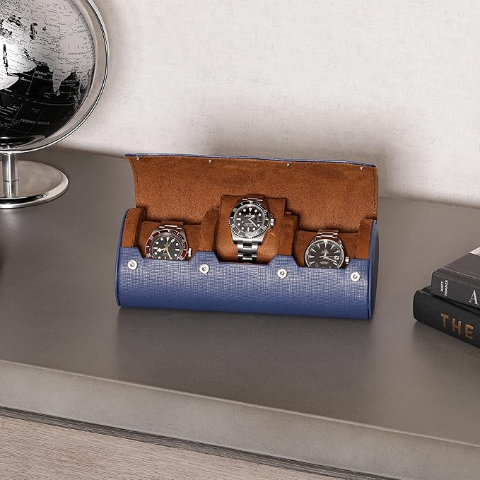 ROTHWELL Watch Roll Travel Case for 3 Watches | Tough Portable Protection, Fits All Wrist Watch & Smart Watches Up to 50mm (Blue/Tan)