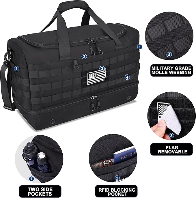 MOZETO Mens Travel Duffel Bag with Compartments, Tactical Inspired GYM Work Police Duty Law Enforcement Carry-on Bag with YKK Zippers Anti-Theft RFID Blocking Wet-Dry Separated Compartment