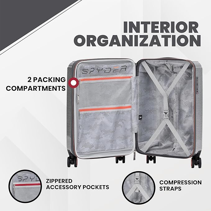 Spyder Traverse 3 Piece Luggage Set, 360° Spinner Wheels, TSA Approved Lock, (20 Inch Carry On, 25 Inch Medium, 29 Inch Large), Silver