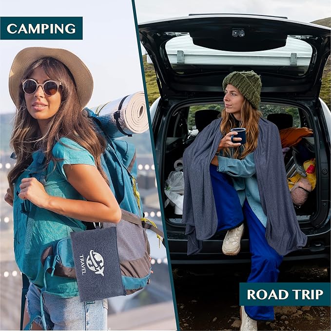 PAVILIA Travel Blanket Compact, Airplane Packable Bag, Soft Fleece Portable Throw Pillow Combo Set, Plane Flight Car Trips Essentials Gift Accessories, Luggage Backpack Clip, Navy Blue, 65 x 40 inch