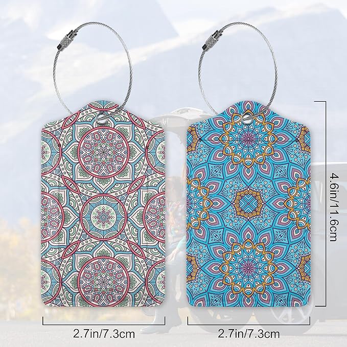 Set of 2 Boho Ethnic Floral Luggage Tags for Suitcases, Leather Suitcase Tag Name Identifiers Labels for Travel Bag Baggage Backpack