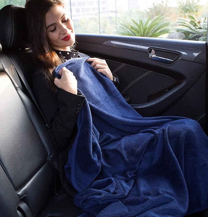 BlueHills Premium Soft Travel Blanket Pillow Airplane Blanket Packed in Soft Bag Pillowcase with Hand Luggage Belt Compact Pack Large Long Flight Essentials Portable Navy Blue T002