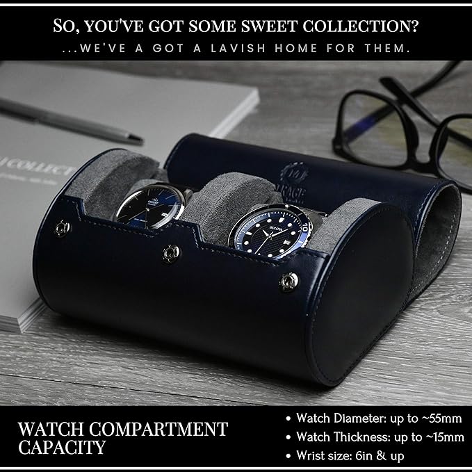 2 Watch Travel Case for Men – Watch Roll - Midnight Blue Vegan Leather