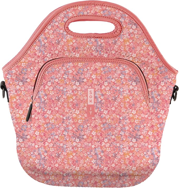 Sok It LunchTote Zippered Bag Insulated Neoprene Caddy (Blushing Blooms, X-Large 6.5 Quart Lunch Tote)