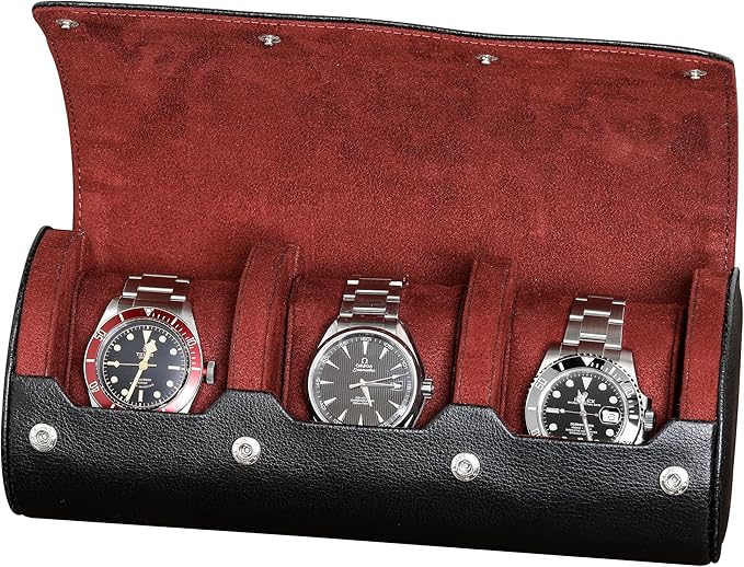 ROTHWELL Watch Roll Travel Case for 3 Watches | Tough Portable Protection, Fits All Wrist Watch & Smart Watches Up to 50mm (Black/Red)