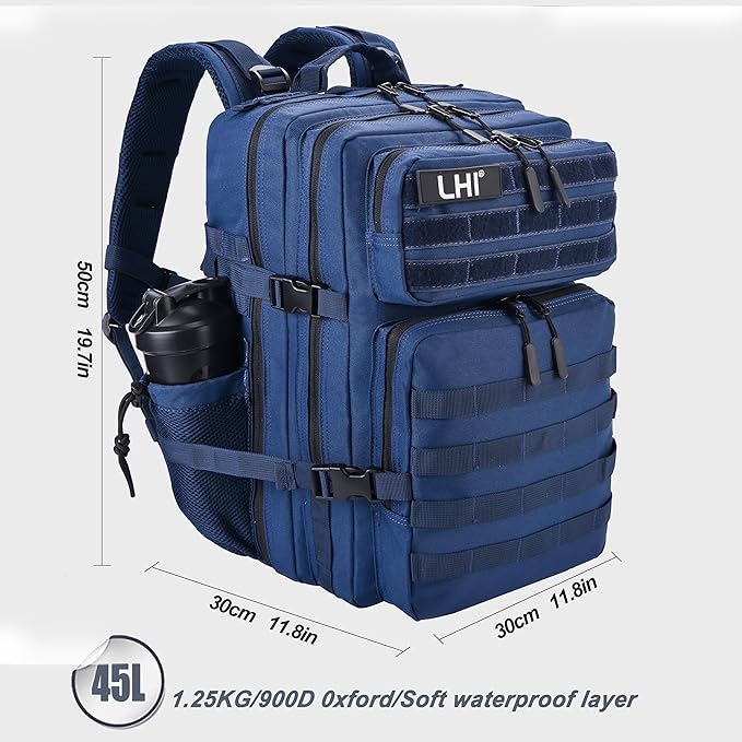 LHI Military Tactical Backpack for Men and Women 45L Army 3 Days Assault Pack Bag Large Rucksack with Shoe Compartment - Black and White