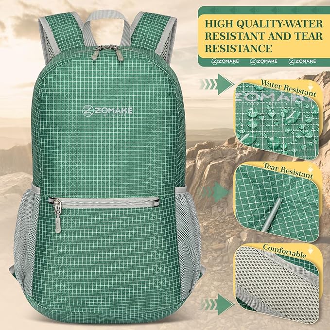 ZOMAKE Ultra Lightweight Hiking Backpack 20L - Packable Small Backpacks Water Resistant Daypack for Women Men(Forest Green Plaid)