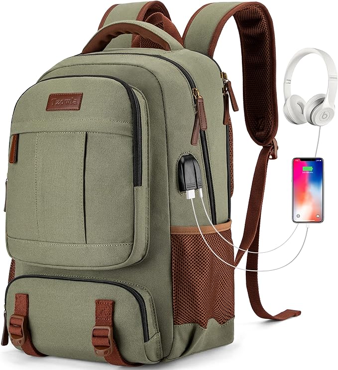 Tzowla Canvas Laptop Backpack, Bag for Men Women,Travel Work Rucksack Fits 17.3 Inch Laptop, Bookbag with USB Charging Port