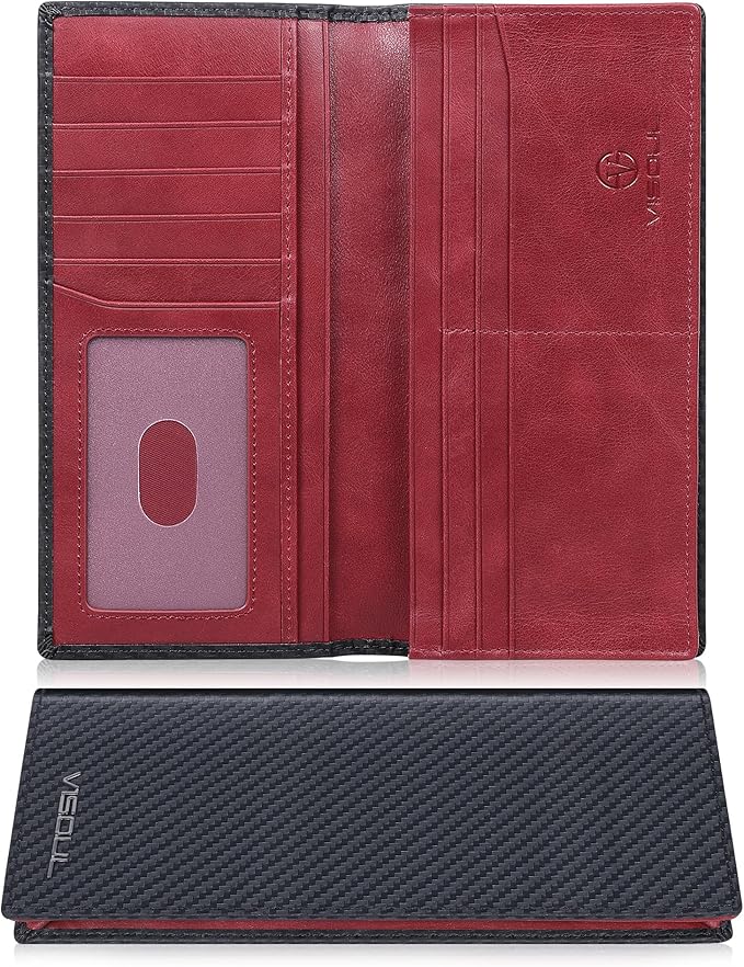 VISOUL Mens Leather Long Checkbook Bifold Wallets with RFID Blocking, Carbon Fiber Leather Tall Wallets for Men (Black+Burgundy)