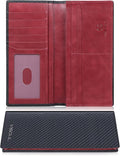 VISOUL Mens Leather Long Checkbook Bifold Wallets with RFID Blocking, Carbon Fiber Leather Tall Wallets for Men (Black+Burgundy)