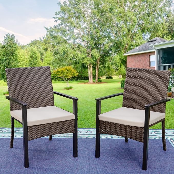 PHI VILLA Outdoor Wicker Chairs Set of 2, Rattan Covered Metal Armchairs with Removable Cushion, Heavy Duty Furniture Set for Patio, Deck, Porch, Yard