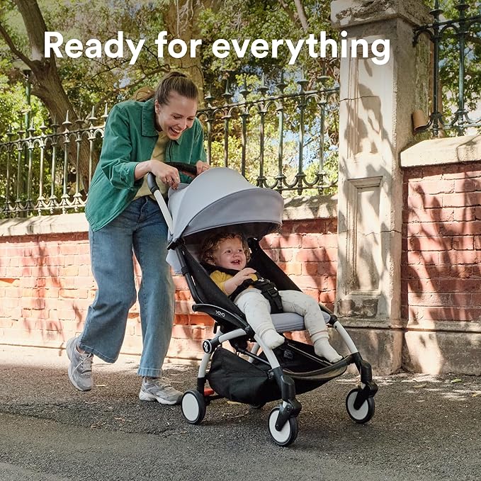 Stokke YOYO3 Stroller from 6 Months - Includes White Frame/Stone Seat Cushion + Canopy - Folds in & Out in a Flash - Light & Compact - Carry-On Compatible