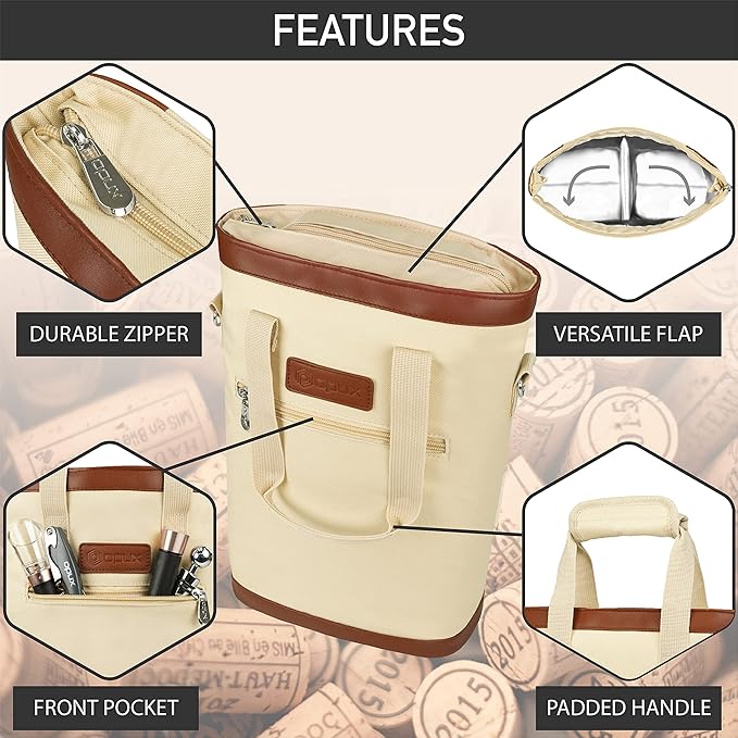 opux Two Bottle Wine Bag Carrier Tote, Insulated Leakproof 2 Bottle Wine Cooler Bag for Travel BYOB Picnic, Portable Wine Case, Gift for Men Women Wine Lover Birthday Party Christmas, Cream Beige