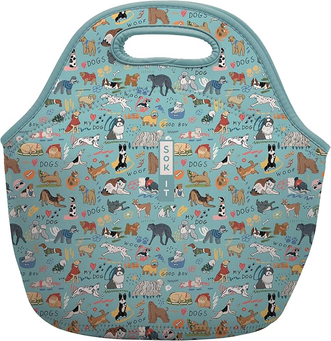 Sok It LunchTote Zippered Bag Insulated Neoprene Caddy (Dog Days Forever, Large 4.5 Quart Lunch Tote)