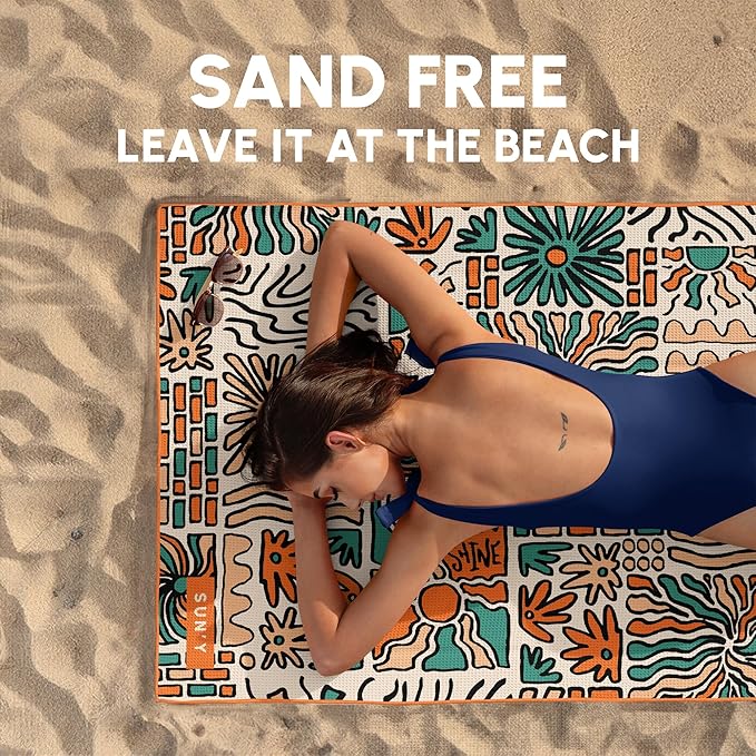 SUN'Y Beach Towel - Sand Free, Microfiber, Compact & Lightweight Travel, Quick Dry - Groovy - Large (63”x31.5”)