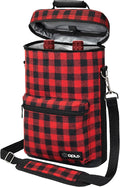 Opux 2 Bottle Wine Tote Carrier, Insulated Cooler Bag for Travel Picnic, Leakproof Padded Case, Wine Gifts for Women & Men, Plaid Buffalo Red