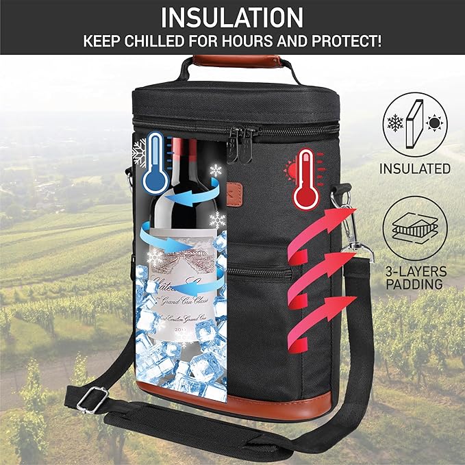 opux Wine Bag 2 Bottle Wine Tote Carrier, Insulated Wine Cooler Bag for Travel Picnic, Leakproof Portable Bottle Padded Case, Wine Gifts For Women Men Wine Lovers Christmas, Black